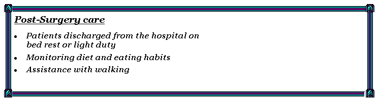 Text Box: Post-Surgery carePatients discharged from the hospital on       bed rest or light dutyMonitoring diet and eating habitsAssistance with walking